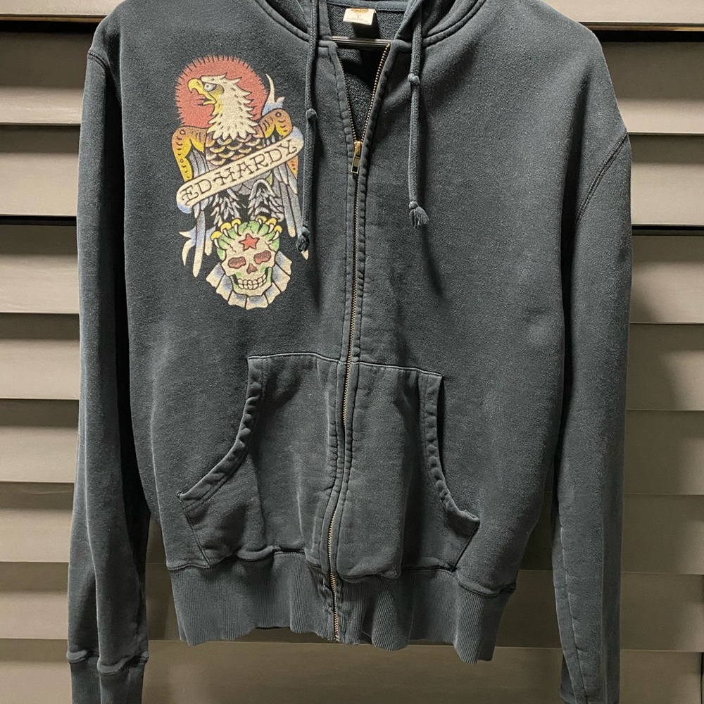 Ed Hardy Gray Zip-Up Hoodie - Rare Vintage